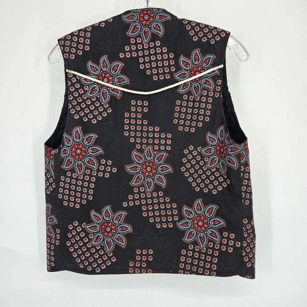Western Boho Floral Vest Women Medium Black Blue Silver Buttons Beaded Lined - Picture 5 of 9